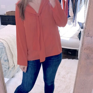 Orange tie neck career blouse size small